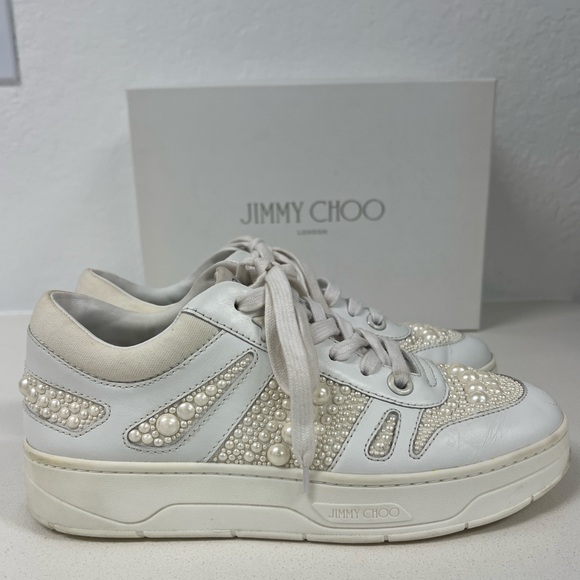JIMMY CHOO Hawaii Calf Leather/ Canvas White Pearl Women’s Sneakers - Picture 3 of 8